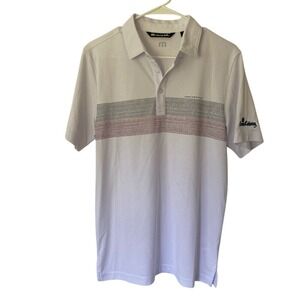 Travis Mathew Men's White Polo Shirt Red Blue Stripes Size S Casual Golf